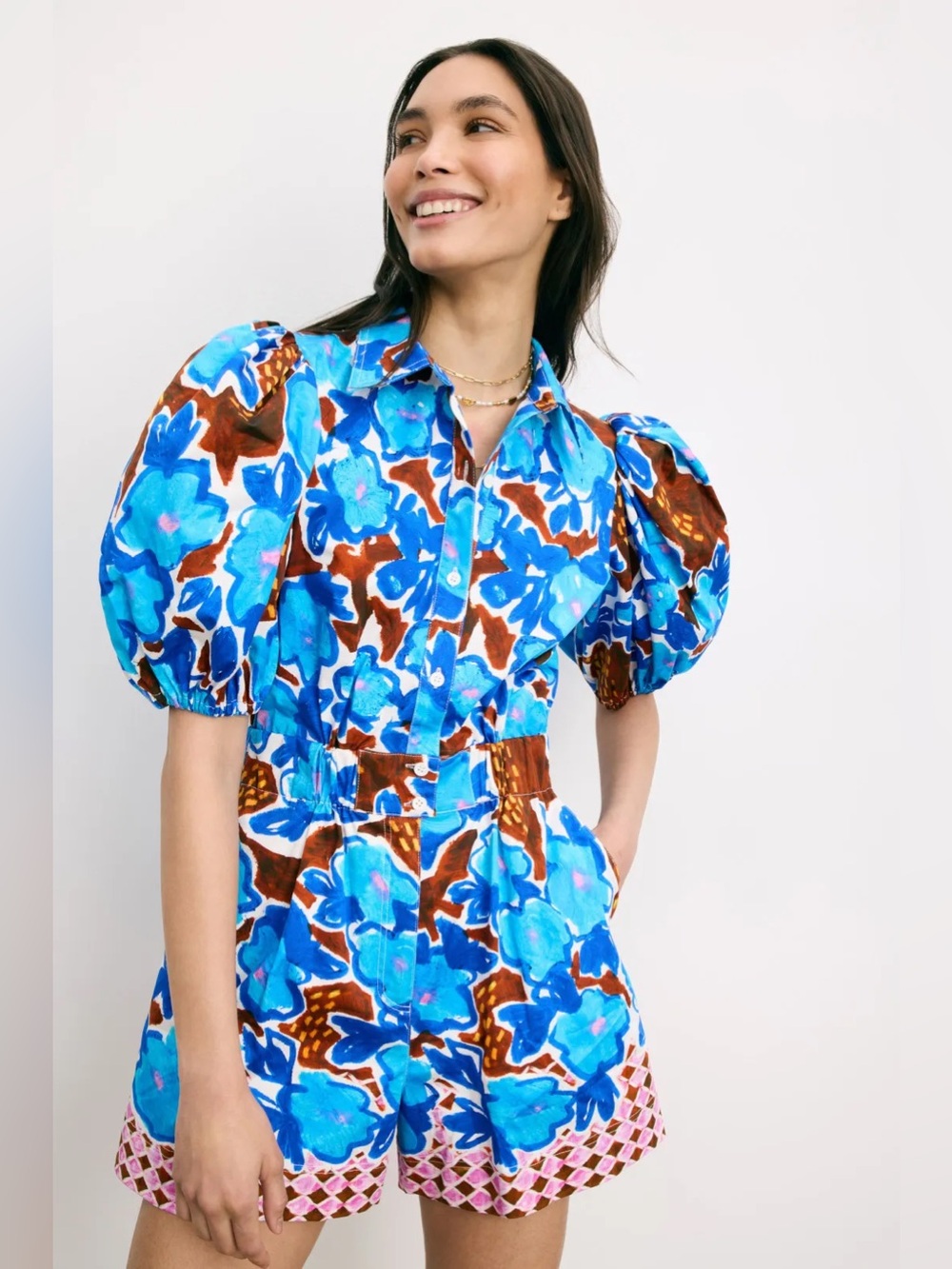 HUNTER BELL Pia Jumpsuit Blue and Brown Floral Puff-Sleeve Romper